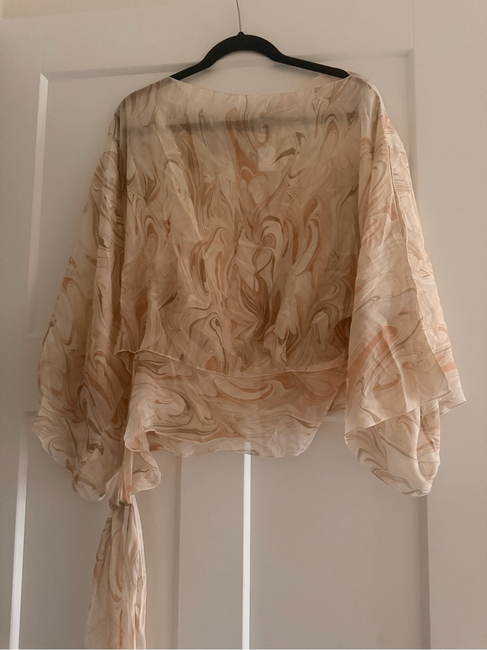 The Limited Marble-Print Sheer Wrap Top in Beige and Cream